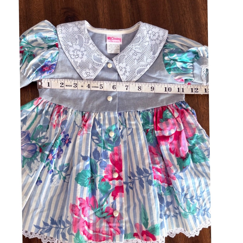 Vintage Carters Baby Girl Floral Chambray Lace Dress 18 Months Made in USA 18 Mo - Picture 6 of 8